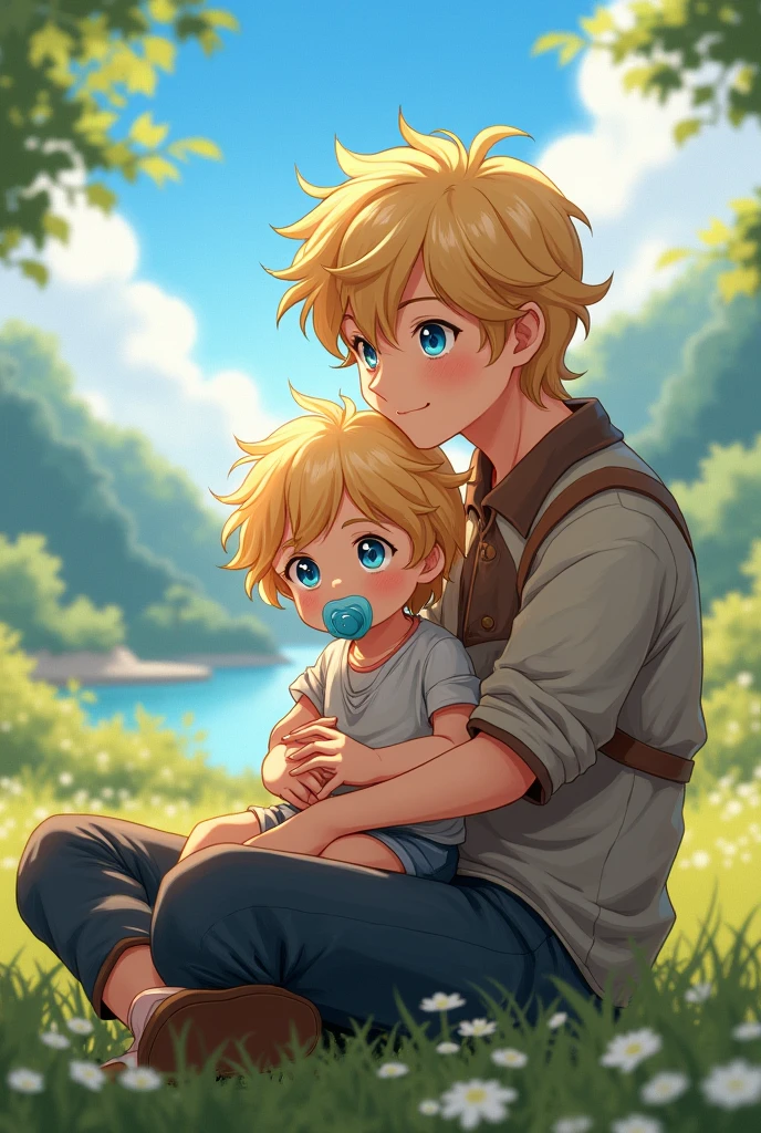 a 2 boy with a blue pacifier, curly blonde hair down to the shoulders, blue eyes and on the lap of his 16 year rother with glasses, blue eyes and medium wavy blonde hair and with anime outfit make them in a beautiful scenery