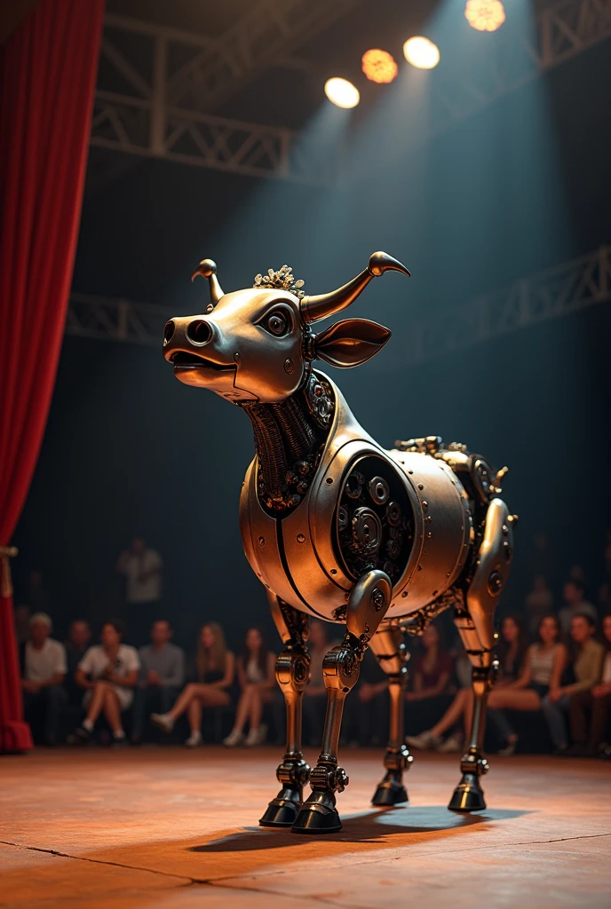 looking at an animatronic robot cow singing on stage