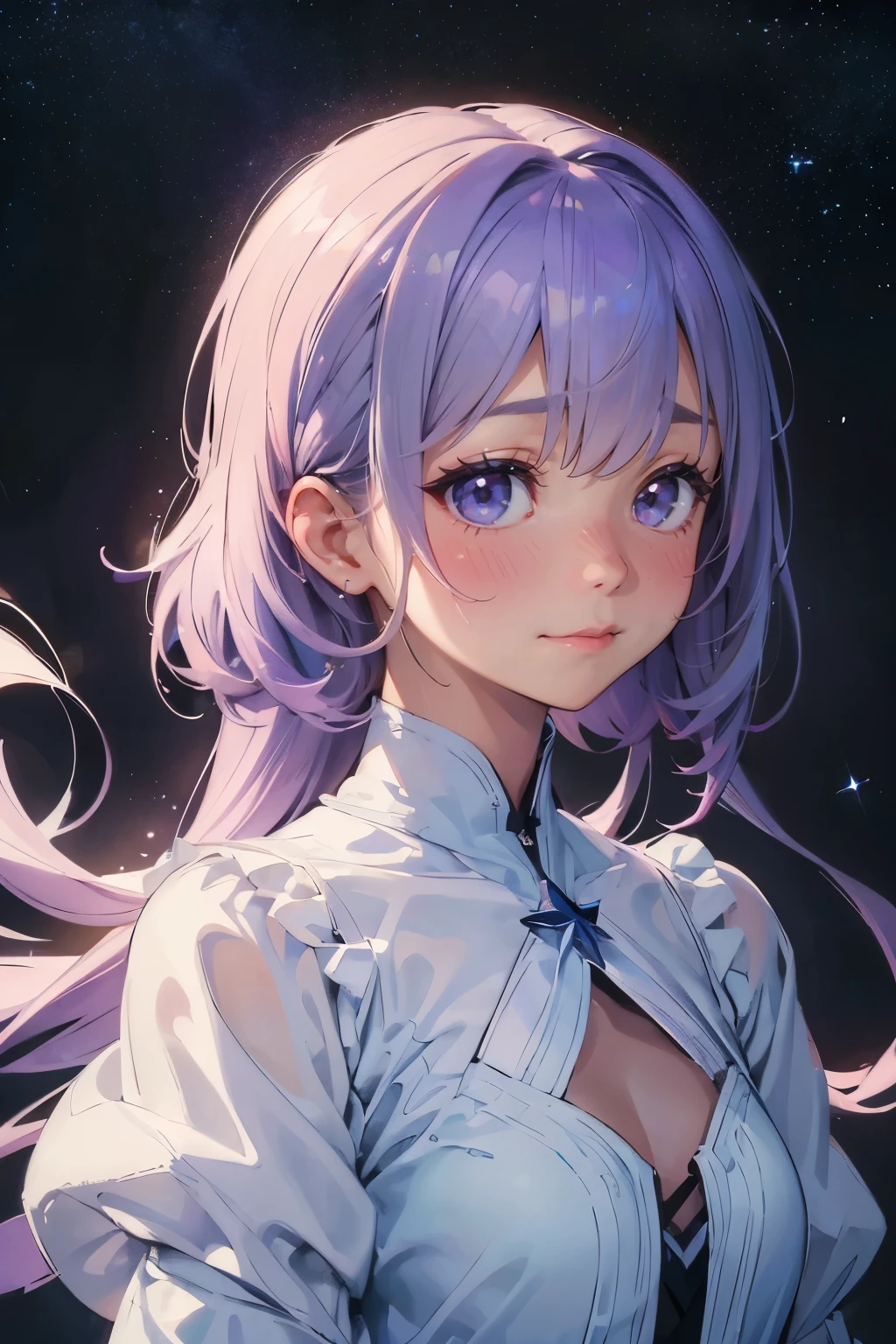 ((masterpiece,highest quality)),(Negative Space:1.4),(One girl, alone:1.4),Beautiful fine details,Pastel pink and lavender hair floating, Lavender eyes, At night, Starry Sky, Shining Star