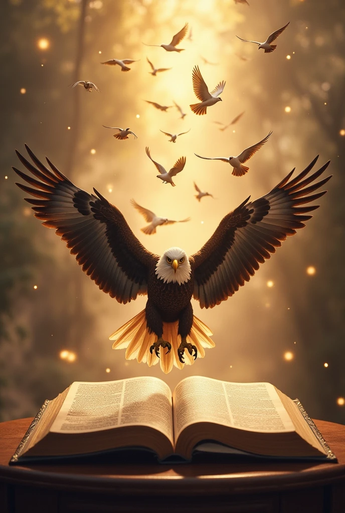 on top of an open bible, an eagle and many birds that symbolize the holy spirit