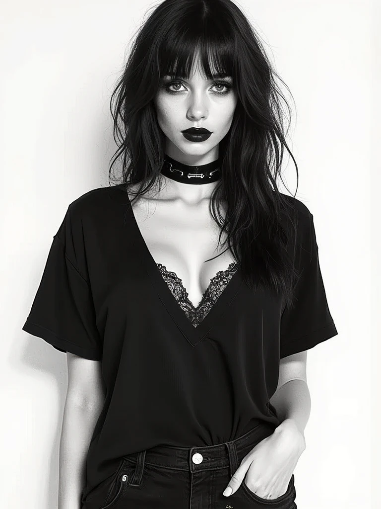 Drawing of an Ultra hot gorgeous European goth woman. Age 23. Porcelain skin. Loose black t-shirt with black sheer lace.Cleavage. (((Bruce timm style)))