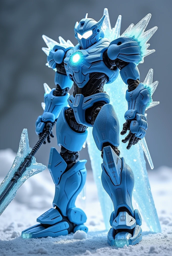 ((masterpiece)) ((Best Quality)) Robotic suit infused with ice power, ice spear, battle mask, white eyes