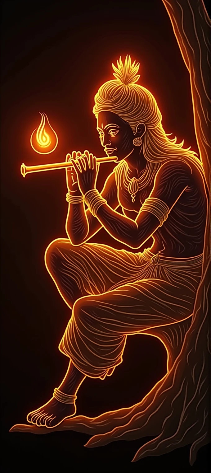 Krishna with his hand holding a flute and in another hand Sudarshan chakra. A peacock feather is in hands. The entire things is in black background. Only the outline of the body is seen which is radiating flame. The entire picture shows divinity. He has a smile that confronts others. He is in sitting position under a tree, leaning on tree. On his other hand in a finger there is a spinning chakra