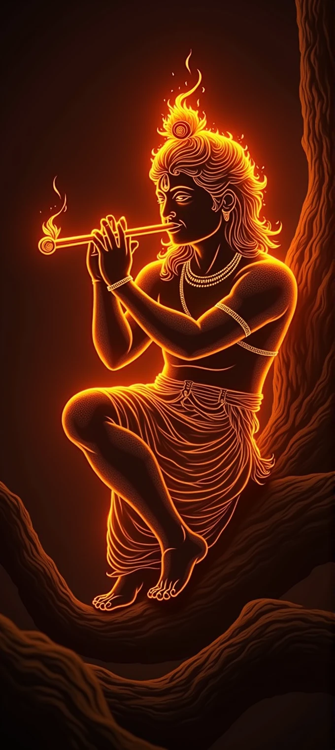 Krishna with his hand holding a flute and in another hand Sudarshan chakra. A peacock feather is in hands. The entire things is in black background. Only the outline of the body is seen which is radiating flame. The entire picture shows divinity. He has a smile that confronts others. He is in sitting position under a tree, leaning on tree. On his other hand in a finger there is a spinning chakra