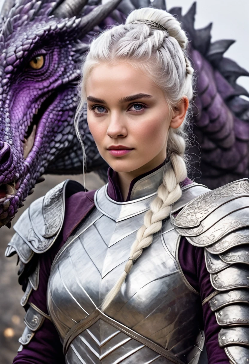 Targaryen woman, stunning beauty, gentle face. Silver hair braided and gathered into a bun, White skin, violet eyes, age 17 dressed in silver armor, with hairy fur coat, riding a big Balnquecino dragon in a game of thrones painting style