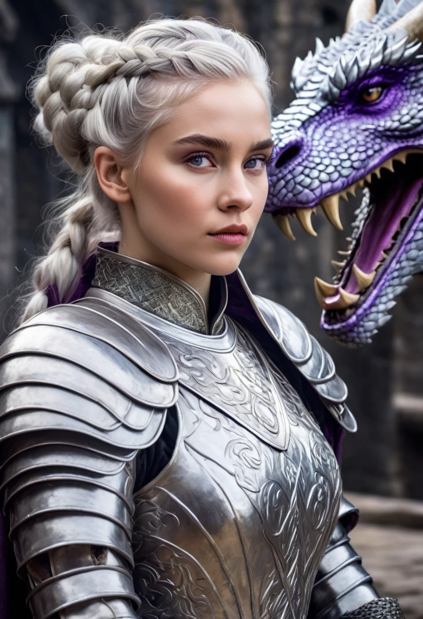 Targaryen woman, stunning beauty, gentle face. Silver hair braided and gathered into a bun, White skin, violet eyes, age 17 dressed in silver armor, with hairy fur coat, riding a big Balnquecino dragon in a game of thrones painting style