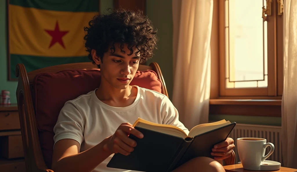 (photorealism:1.2), a young man with short, dark curly hair, dark eyes, and light complexion, handsome somali boy, sitting on chair, reading book, laptop and cup of coffee on table infront of him, wearing short clothes, indoors, soft lighting, flag written Mo Hussein in the background, window with sunlight, cozy room, relaxed pose, realistic, intricate details, warm colors, by Greg Rutkowski, by Alphonse Mucha