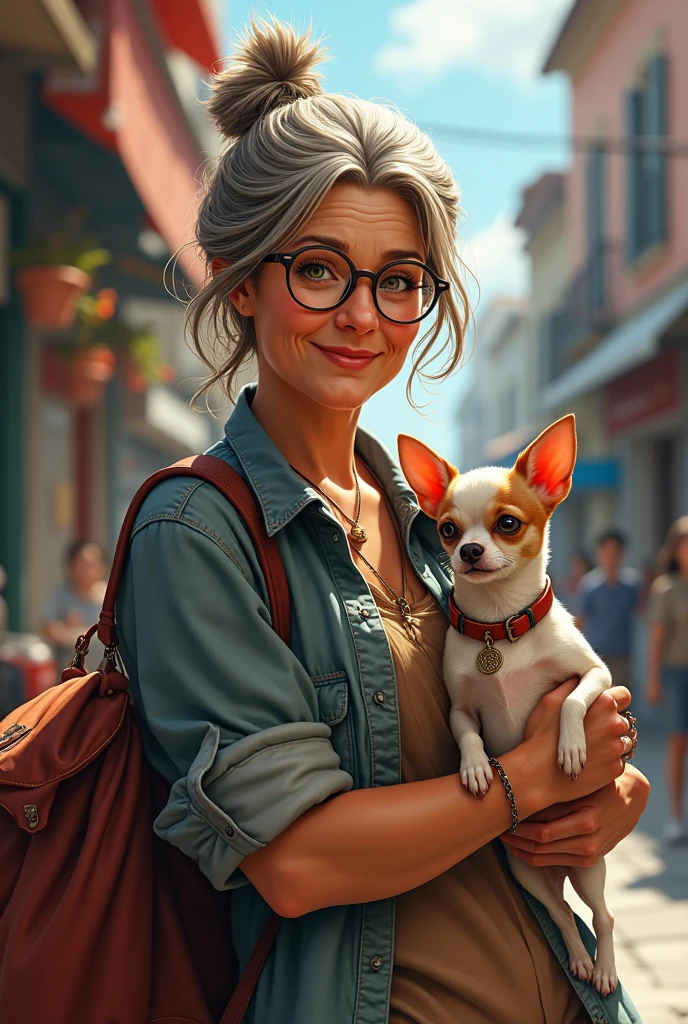 Lady with streaked hair and glasses, age 45, selling clothes in a bag accompanied by a brown Chihuahua