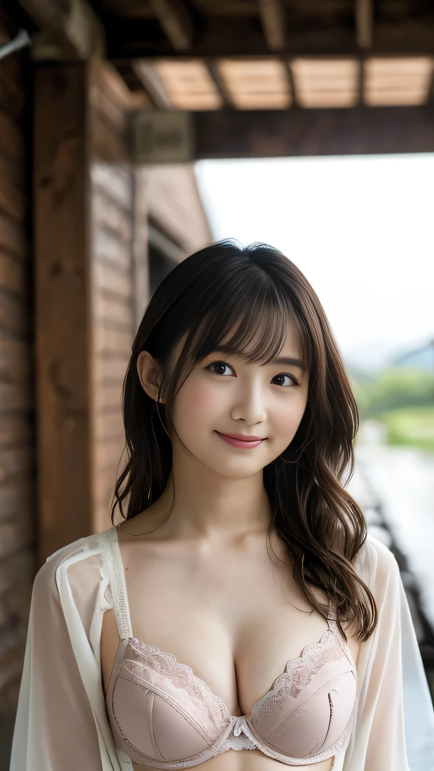 (Highest quality, masterpiece:1.2), Ultra-high resolution、Perfect Face、One person、or、Two Women, Standing side by side.,、Colorful patterned lingerie,、Big Breasts, Very detailed, Realistic, Portraiture, Bright colors, Fine sentences、Wavy Hair、bangs、One is long hair、Nogizaka Idol、A little blush、Beautiful and kind eyes、Random pattern underwear、(Full body image)Mountain、rain,Victory smile、Clothes are soaked