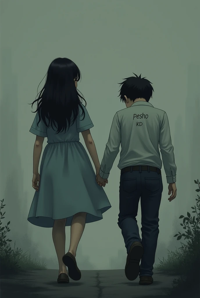 Create couple picture ,girl going and boy felling alone and sad mood,and put name back side on dress the boy name KD and girl name pesho ,these name written back side 
