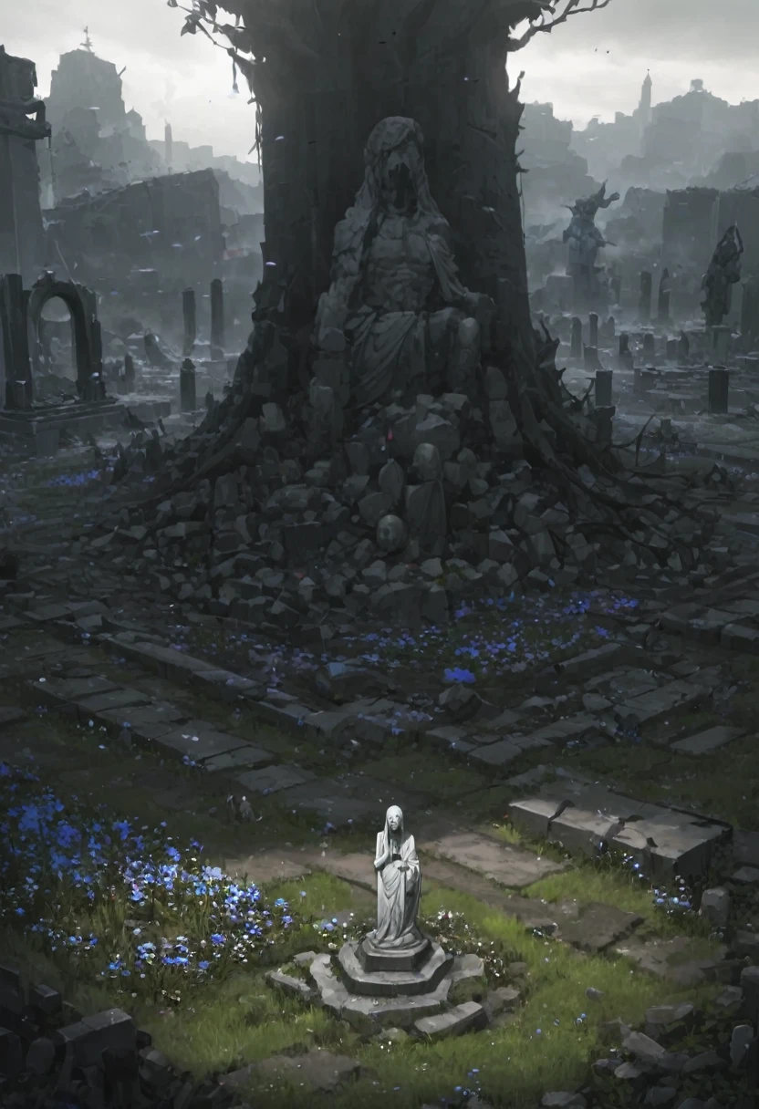 Large sacred tree in the background, sacred statue destroyed on the ground, giant golem destroyed in pieces on the ground, statue broken into pieces (dreamy landscape), abandoned village, field of flowers, Garden, Raby, brutal violence