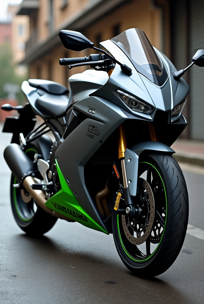 A motorcycle, brand yamaha, Fazer 250 model in matte gray with green details.