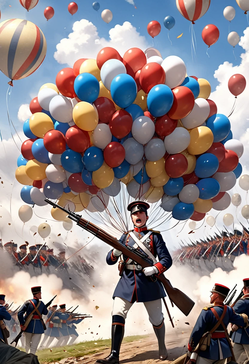 (high definition of the face) ((epic scene)) 1 uniformed man, 1 Soldier armado con un rifle con balloneta llendo a la carga, first World War, Napoleonic Wars, Soldier.
