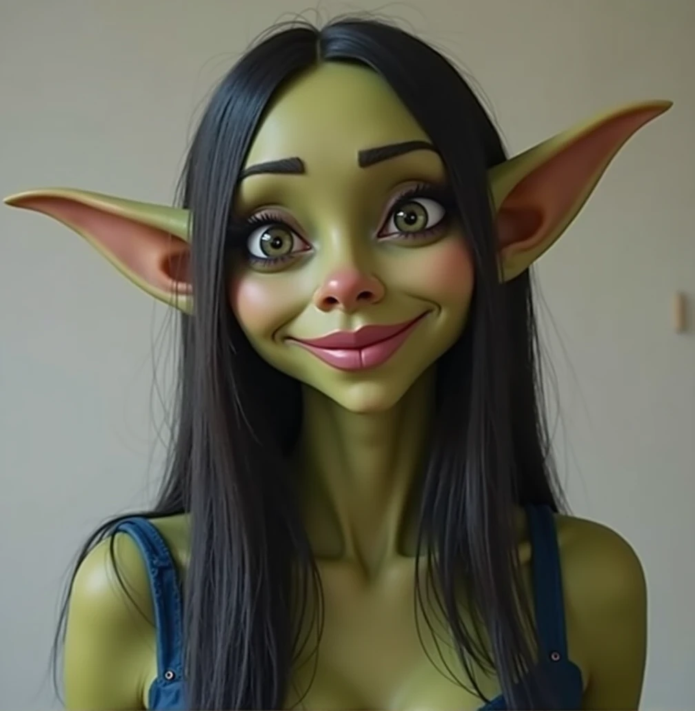 goblin girl, , short, 2 feet tall, cute, oval slim face, light dirty green skin, long pointy ears, sharp teeth, messy green hair hangs in tangles around her face, bright green eyes, She wears a ragged oversized slightly revealing brown poncho, barefoot ,missionary vaginal, spreading legs, from above, huge , ahegao, rolling eyes, tongue, tongue out, realistic tongue, open mouth
