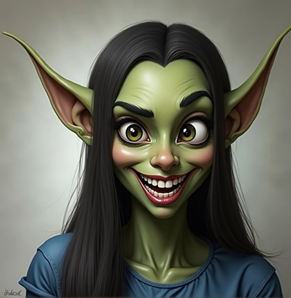 Gorgeous Goblin Woman with big forehead and big long nose, one eyebrow raised, very big smile with mouth closed, blue dress, long straight hair, black eye makeup, green skin tone, hd, realistic