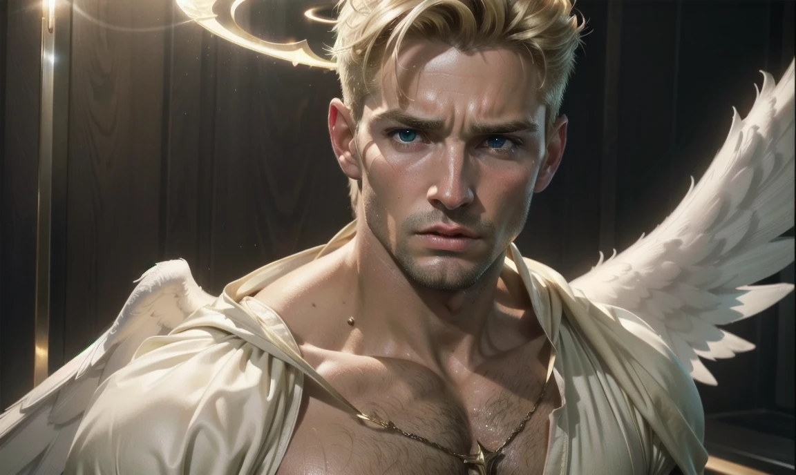 [((highly detailed, detailed eyes, detailed face, clear and realistic facial features, photorealistic, realistic light, cinematic, chest-up shot)), (1 man), (((((Gorgeous perfect sexy powerful masculine male angel))))), (((one pair of large wings))), ((faint halo)), ((short blond hair, green eyes)), ((35 years old)), ((wearing flattering angelic clothes)), (((aura of divine power))), standing in a cozy apartment at nighttime, ((light blush)), (((wearing an indignant expression)))]