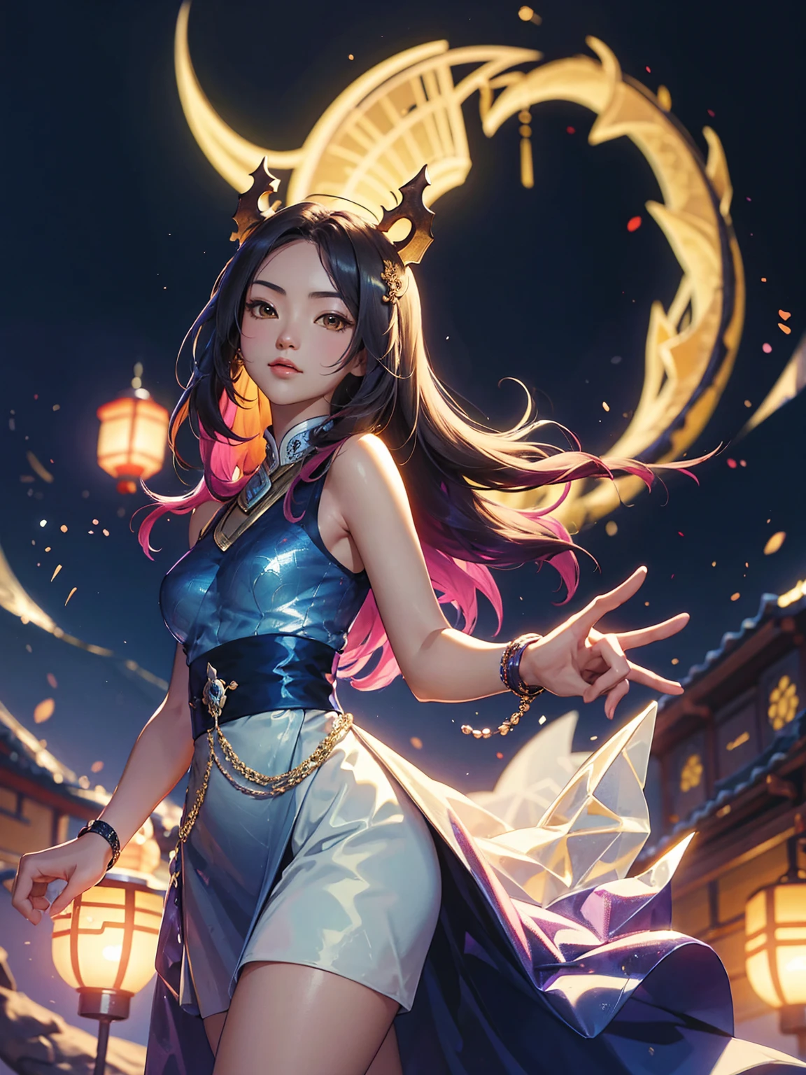 detailed textures, high quality, high resolution, high precision, realism, color correction, correct lighting settings, harmonious composition. A beautiful anime style illustration of an Asian girl with long hair, wearing yellow and blue , standing in front of a dragon head background surrounded by traditional symbols such as lanterns, couplets and gold ingots. The color scheme is bright and vibrant, creating a festive atmosphere for celebrating Lunar New Year. --ar 3:4 --niji 6
