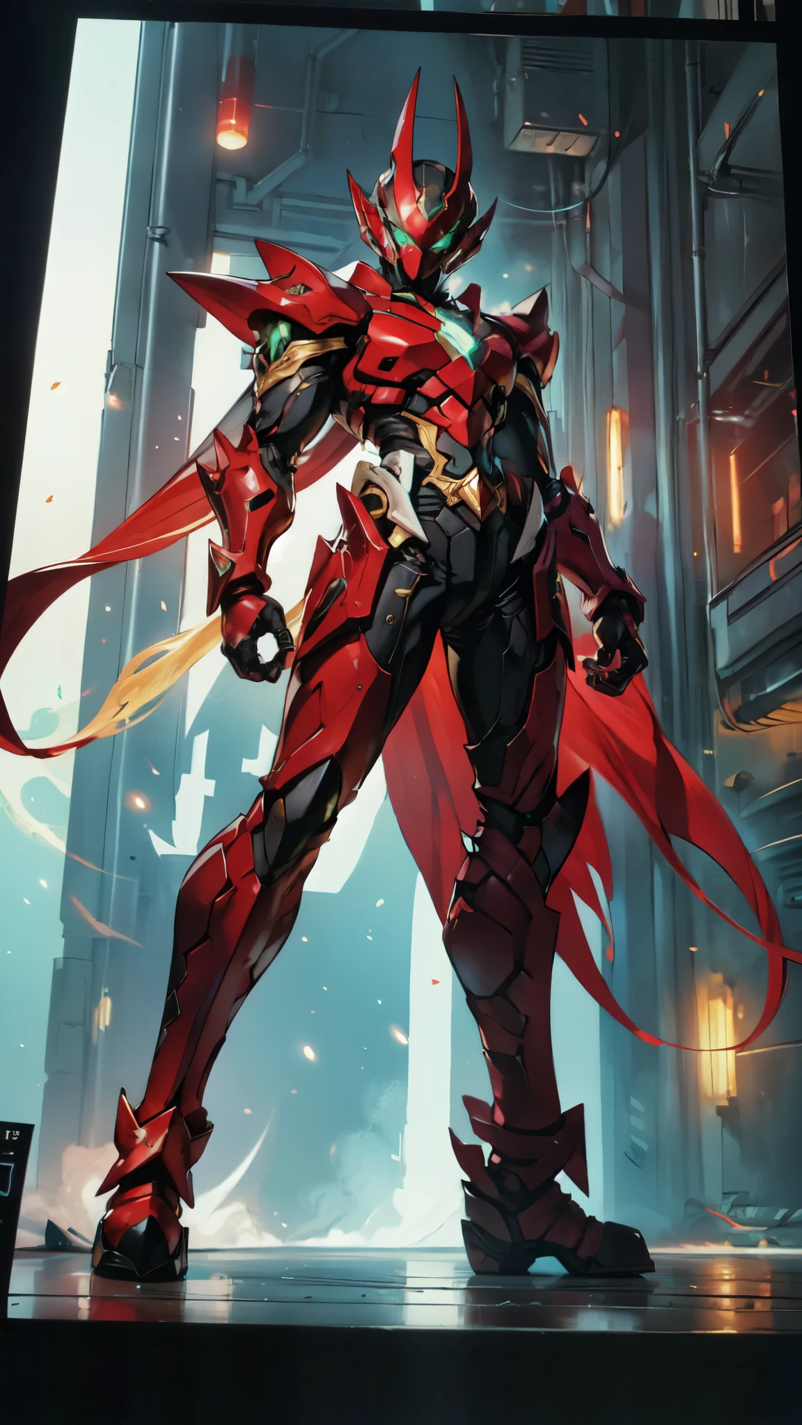 (masterpiece:1.5, best quality:1.5, extremely delicate:1.5, superhero pose:1.5), a man wearing a full-face helmet, a fantasy-style biotech armored combat suit, green eyes, (a composite layered chest armor), fully enclosed shoulder guards, matching arm and leg guards, belt of Neon circuit, (the color scheme is primarily black with green and red accents), the design balances heavy with agility, a high-tech bio-mecha armor, (Armor Concept Inspired by Kamen Rider stand on the top of a skyscraper in a futuristic sci-fi city), this character embodies a finely crafted fantasy-surreal style armored hero in anime style, exquisite and mature manga art style, (element, plasma, energy, the armor glows), ((male:1.5)), metallic, high definition, highres, ultra-detailed, ultra-fine painting, professional, perfect body proportions, golden ratio, anatomically correct, symmetrical face, extremely detailed eyes and face, high quality eyes, creativity, RAW photo, UHD, 32k, Natural light, cinematic lighting, masterpiece-anatomy-perfect