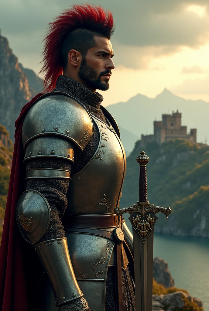 A medieval knight, Donnaric, embodies strength and valor, standing tall on a rugged cliffside, gazing out at a majestic mountainous landscape. His horned helmet, adorned with a crimson plume, sits atop his raven-black hair, short and tightly cropped. Donnaric's facial features are sculpted, with a strong jawline and piercing emerald green eyes that seem to burn with a fierce determination. His full lips are set in a firm line, and his nose is straight and proportional to his other facial features. His skin tone is a warm, golden brown, a testament to his heritage. He wears a suit of ornate, articulated armor, complete with intricate etchings and engravings on the breastplate, armguards, and gauntlets. The armor is polished to a high sheen, catching the soft, golden light from the setting sun. Donnaric holds a broadsword, its blade shining like polished silver, in his right hand, the hilt resting firmly in his palm. The sword is emblazoned with a heraldic crest, featuring a trio of interlocking lions, in silver and gold. In the background, the mountains rise up, their peaks shrouded in a misty veil, while the distant castle, its walls imposing and sturdy, sits atop a hill, overlooking the calm waters of a lake. The sky is a deep, foreboding grey, with clouds that seem to darken the very air around them, as if foretelling an impending storm. The lighting is dramatic, with warm, golden tones casting a sense of depth and dimensionality. The shadows are deep and rich, accentuating the textures and contours of Donnaric's armor and the landscape. The color palette is muted, with soft, earthy tones dominating the scene, punctuated by the gleaming silver of the sword and the fiery hues of the plume. The atmosphere is intense and ominous, as if Donnaric is poised on the brink of a momentous decision, or perhaps, a fierce battle. The film grain is subtle, adding a touch of grainy texture to the image, while the color grading is nuanced, with a slight emphasis on the warm tones