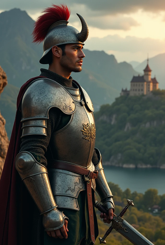 A medieval knight, Donnaric, embodies strength and valor, standing tall on a rugged cliffside, gazing out at a majestic mountainous landscape. His horned helmet, adorned with a crimson plume, sits atop his raven-black hair, short and tightly cropped. Donnaric's facial features are sculpted, with a strong jawline and piercing emerald green eyes that seem to burn with a fierce determination. His full lips are set in a firm line, and his nose is straight and proportional to his other facial features. His skin tone is a warm, golden brown, a testament to his heritage. He wears a suit of ornate, articulated armor, complete with intricate etchings and engravings on the breastplate, armguards, and gauntlets. The armor is polished to a high sheen, catching the soft, golden light from the setting sun. Donnaric holds a broadsword, its blade shining like polished silver, in his right hand, the hilt resting firmly in his palm. The sword is emblazoned with a heraldic crest, featuring a trio of interlocking lions, in silver and gold. In the background, the mountains rise up, their peaks shrouded in a misty veil, while the distant castle, its walls imposing and sturdy, sits atop a hill, overlooking the calm waters of a lake. The sky is a deep, foreboding grey, with clouds that seem to darken the very air around them, as if foretelling an impending storm. The lighting is dramatic, with warm, golden tones casting a sense of depth and dimensionality. The shadows are deep and rich, accentuating the textures and contours of Donnaric's armor and the landscape. The color palette is muted, with soft, earthy tones dominating the scene, punctuated by the gleaming silver of the sword and the fiery hues of the plume. The atmosphere is intense and ominous, as if Donnaric is poised on the brink of a momentous decision, or perhaps, a fierce battle. The film grain is subtle, adding a touch of grainy texture to the image, while the color grading is nuanced, with a slight emphasis on the warm tones