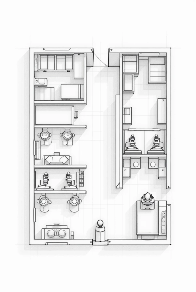 Pencil drawing of a plan of a veterinary laboratory at the level, with 14 work areas each equipped with microscopes, a person working with a microscope