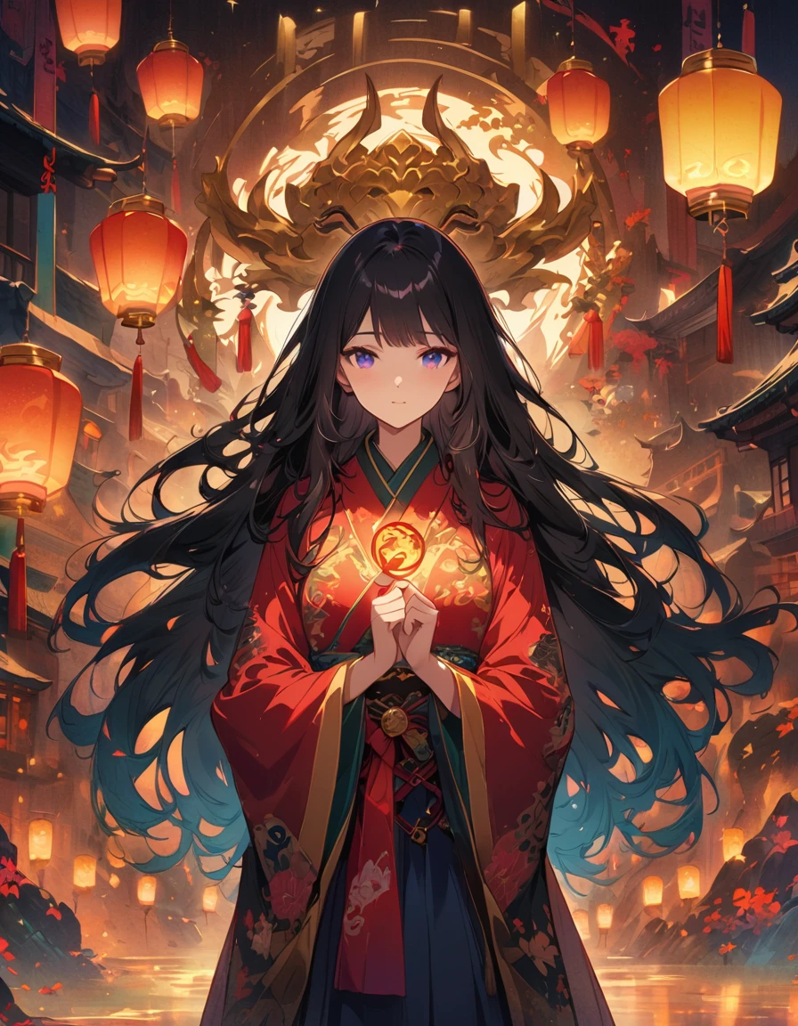 detailed textures, high quality, high resolution, high precision, realism, color correction, correct lighting settings, harmonious composition. A beautiful anime style illustration of an Asian girl with long hair, wearing yellow and blue , standing in front of a dragon head background surrounded by traditional symbols such as lanterns, couplets and gold ingots. The color scheme is bright and vibrant, creating a festive atmosphere for celebrating Lunar New Year. --ar 3:4 --niji 6