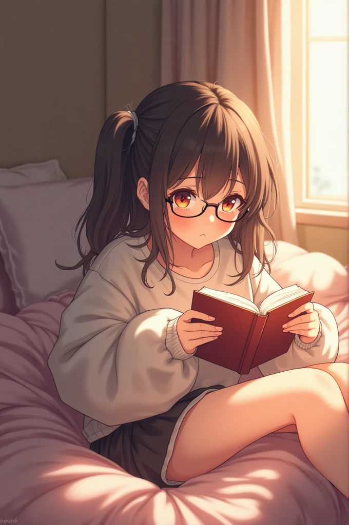 17 year old anime girl with glasses lying on a bed reading a book with a red face and wearing a big sweatshirt and a short skirt with messy hair 