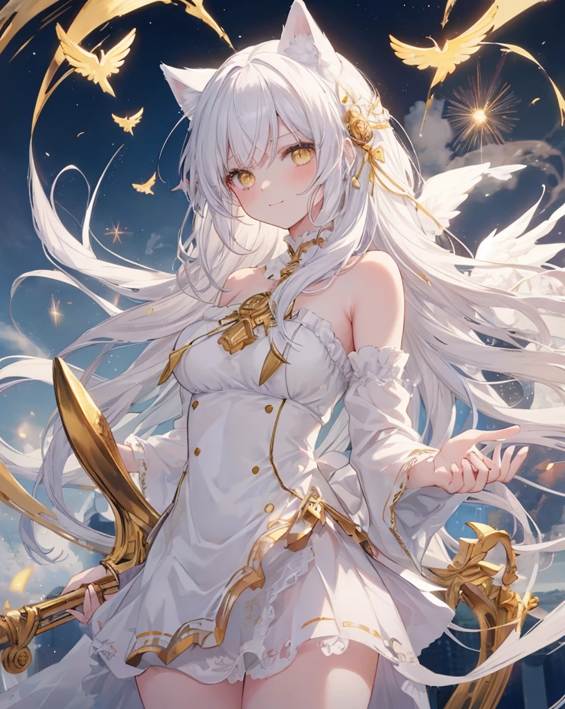 1catgirl, cat ears, (white long hair)) , oversaturated yellow eyes, intricate cool dress. Bare shoulders, white god dress with gold skirt. Portrait. Medium breast. Super detailed. Perfect anime yellow eyes, bare shoulders, white angel Wings.
Natural pose. She's smiling , she's Smart . White fox tail. She's cupid, she's on top of a skyscraper with a bow to Hitting the lovers with a bow (gold bow), (arrow) .she hold a gold bow. she is surrounded by gold hearts. She is surrounded by red hearts. She's flying (midair shot), (flying), As in Greek paintings. Love is in the air. Greek deity.