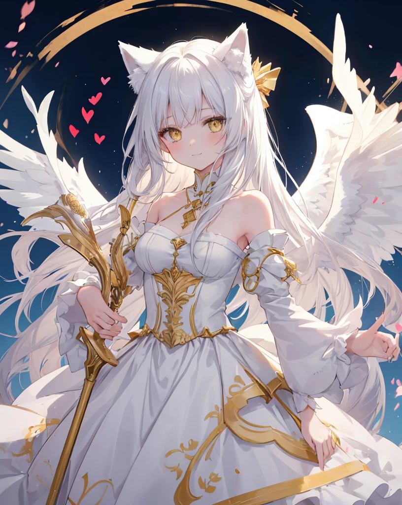 1catgirl, cat ears, (white long hair)) , oversaturated yellow eyes, intricate cool dress. Bare shoulders, white god dress with gold skirt. Portrait. Medium breast. Super detailed. Perfect anime yellow eyes, bare shoulders, white angel Wings.
Natural pose. She's smiling , she's Smart . White fox tail. She's cupid, she's on top of a skyscraper with a bow to Hitting the lovers with a bow (gold bow), (arrow) .she hold a gold bow. she is surrounded by gold hearts. She is surrounded by red hearts. She's flying (midair shot), (flying), As in Greek paintings. Love is in the air. Greek deity.