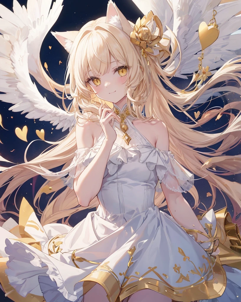  1catgirl, cat ears, (white long hair)) , oversaturated yellow eyes, intricate cool dress. Bare shoulders, white god dress with gold skirt. Portrait. Medium breast. Super detailed. Perfect anime yellow eyes, bare shoulders, white angel Wings. 
 Natural pose.  She's smiling , she's Smart . White fox tail. She's cupid, she's on top of a skyscraper with a bow to Hitting the lovers with a bow (gold bow), (arrow) .she hold a gold bow. she is surrounded by gold hearts. She is surrounded by red hearts. She's flying (midair shot), (flying), As in Greek paintings. Love is in the air. Greek deity. 