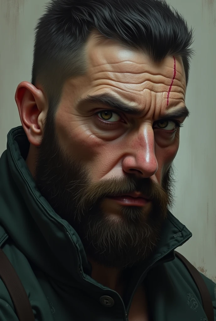Realistically a man with black hair with a low fade cut, sober and deep look, dark circles under his eyes, slightly reddish brown eyes, reasonably defined jaw, vertical cut scar over right eye, full beard but short and somewhat poorly done.