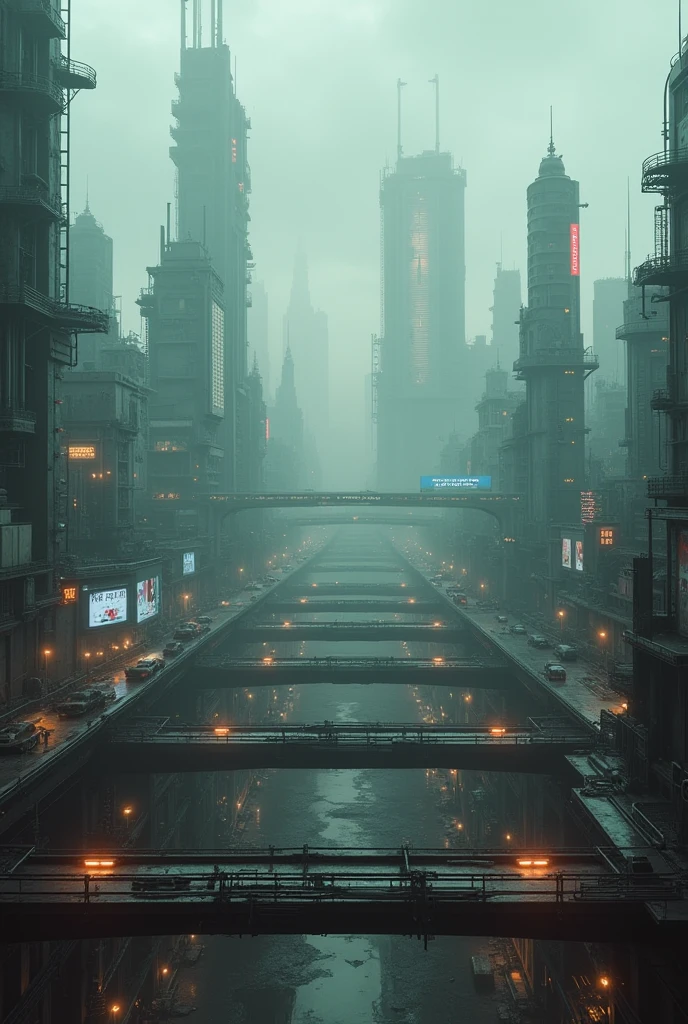 CyberCity Vertion Dark Fantasy of Blade Runner 2049, Panoramic view of City, NeoPunk, CyberPunk, Distopic City, Distopic View, Skine Line, Buildings, spinner vehicule, rain, ligths, smoke, nigth, realism, hiper realism, photo realism, perfection, master piece, beautiful view, mist, hologram, advertising, merkating, human, people, 8k, 4k. Sciencie fiction, architecture, android, robot, neon ligth, trash, garbage, metropolis, river, gate, bridge, sheap, higthtech, future, industrial, steel, war, army, weapon, distopic society, freeway, machine.