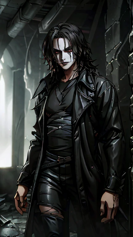 (1boy, a man, The Crow), (extremely detailed CG unit 8k wallpaper),(master part), (best quality), (ultra detail), (best illustration),(wanostyle), cowboy shot, (Sharp eyeliner, ombre, detail eyes), dark dungeon interiors background, ,break , (vamptech), make up