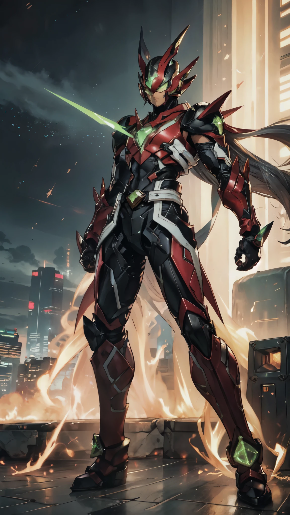 (masterpiece:1.5, best quality:1.5, extremely delicate:1.5, superhero pose:1.5), a man wearing a full-face helmet, a fantasy-style biotech armored combat suit, green eyes, (a composite layered chest armor), fully enclosed shoulder guards, matching arm and leg guards, belt of Neon circuit, (the color scheme is primarily black with green and red accents), the design balances heavy with agility, a high-tech bio-mecha armor, (Armor Concept Inspired by Kamen Rider stand on the top of a skyscraper in a futuristic sci-fi city), this character embodies a finely crafted fantasy-surreal style armored hero in anime style, exquisite and mature manga art style, (element, plasma, energy, the armor glows), ((male:1.5)), metallic, high definition, highres, ultra-detailed, ultra-fine painting, professional, perfect body proportions, golden ratio, anatomically correct, symmetrical face, extremely detailed eyes and face, high quality eyes, creativity, RAW photo, UHD, 32k, Natural light, cinematic lighting, masterpiece-anatomy-perfect