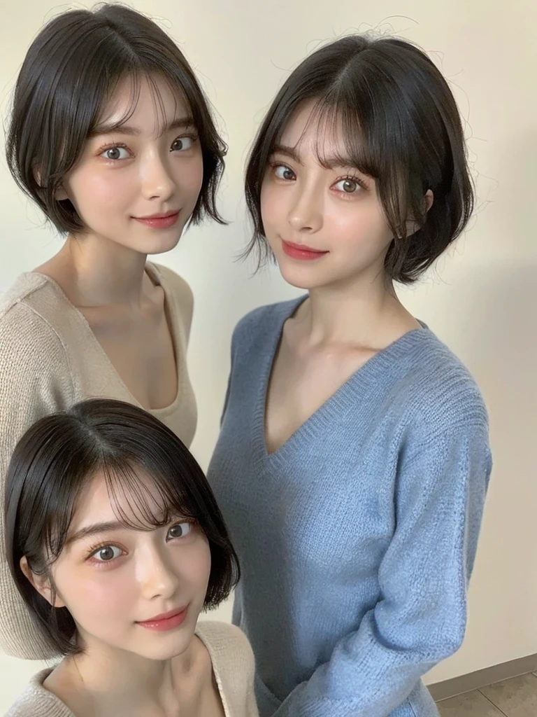 (masterpiece:1.3), (8k, Photoreal, Raw photo, best image quality: 1.4), Japanese high school girl、(random hairstyle:1.2)、cleavage:1.5、super detail face、eye for details、double eyelid、chest to chest、sharp focus:1.2、Beautiful woman:1.4、light brown hair、highest quality、masterpiece、超A high resolution、(Photoreal:1.4)、Highly detailed and professionally lit smiles、loose and light knitwear、shoulder out、thin、serious expression、short haired、deadly position
similar identical twins
All the girls have the exact same face, The two have the same face and figure, as if they were mirror images.