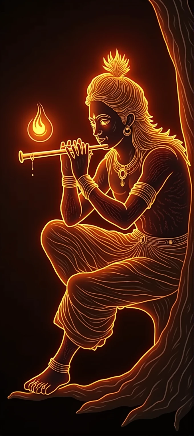 Krishna with his hand holding a flute and in another hand Sudarshan chakra. A peacock feather is in hands. The entire things is in black background. Only the outline of the body is seen which is radiating flame. The entire picture shows divinity. He has a smile that confronts others. He is in sitting position under a tree, leaning on tree. On his other hand in a finger there is a spinning chakra