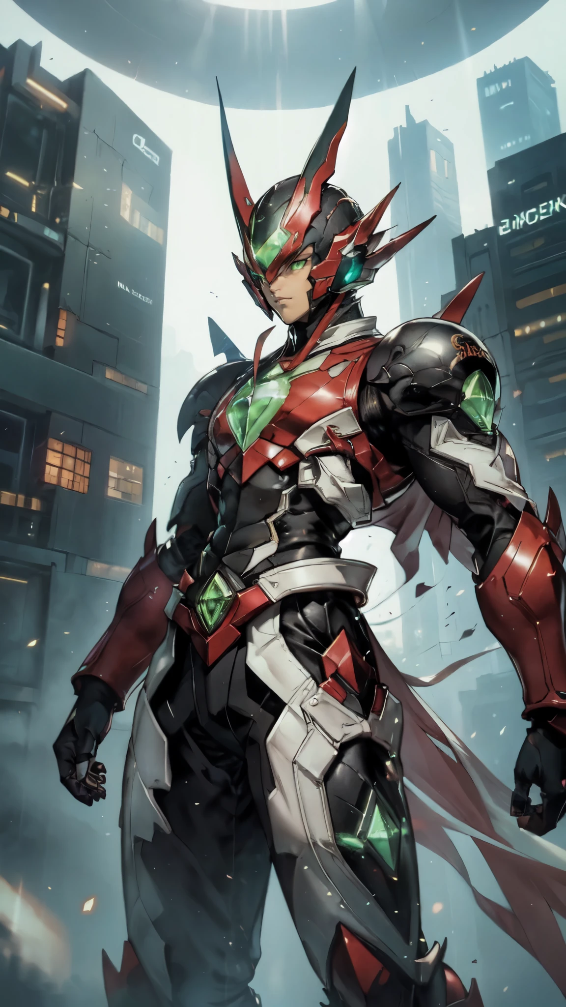 (masterpiece:1.5, best quality:1.5, extremely delicate:1.5, superhero pose:1.5), a man wearing a full-face helmet, a fantasy-style biotech armored combat suit, green eyes, (a composite layered chest armor), fully enclosed shoulder guards, matching arm and leg guards, belt of Neon circuit, (the color scheme is primarily black with green and red accents), the design balances heavy with agility, a high-tech bio-mecha armor, (Armor Concept Inspired by Kamen Rider stand on the top of a skyscraper in a futuristic sci-fi city), this character embodies a finely crafted fantasy-surreal style armored hero in anime style, exquisite and mature manga art style, (element, plasma, energy, the armor glows), ((male:1.5)), metallic, high definition, highres, ultra-detailed, ultra-fine painting, professional, perfect body proportions, golden ratio, anatomically correct, symmetrical face, extremely detailed eyes and face, high quality eyes, creativity, RAW photo, UHD, 32k, Natural light, cinematic lighting, masterpiece-anatomy-perfect