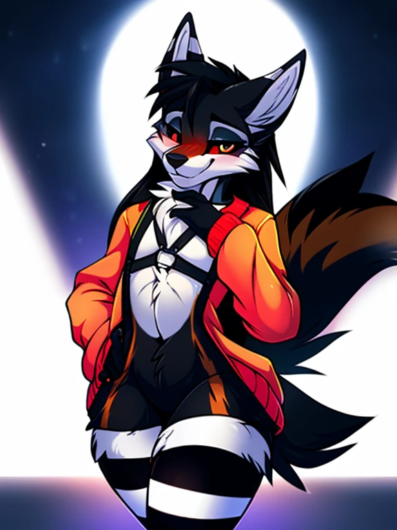 by fluff-kevlar, by hexteknik, (((woman, extremely detailed, extremely detailed legs, extremely detailed arms, extremely detailed face, perfectly detailed eyes, perfectly detailed anatomy))): 1.2, beautiful and detailed portrait of an anthropomorphic vixen ((female))), female furry mini cute style, furr covering her chest, anthro, female, cross fox, black fur, black body, white background, white simple background, simple background, high definition, good anatomy, flat chest, chest fur, chest fluf, highly detailed face, eyelashes, black sclera, pink iris, black pupil, hair, long hair, speech bubble, dark lighting, moody lighting, sexy body, slanky body, sexy face, nice, hot, cute, standing, blushing, playful smile, smile, fangs, friendly, elegant, dark, mysterious, alluring, beautiful, striped thigh highs with pink and white stripes, sexy thin pink panties, seductive, lifting long sleeved pink sweater up with mouth cutely, pulling pink pants down with hands, sexy white chest harness