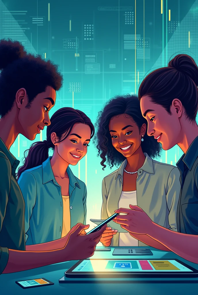 A detailed illustration of a diverse and inclusive team of people from various backgrounds, ethnicities, and specifically including people from Brazil, working together in a modern, high-tech environment. The team is connected by digital devices like tablets and laptops, symbolizing collaboration. Dynamic lines of light or energy flow between the team members, representing the exchange of ideas and innovation. The background is a futuristic setting with subtle elements like holograms, digital interfaces, and geometric patterns that suggest technology and progress. The overall style is clean, with vibrant colors such as blues, greens, and purples, creating a modern and energetic atmosphere.