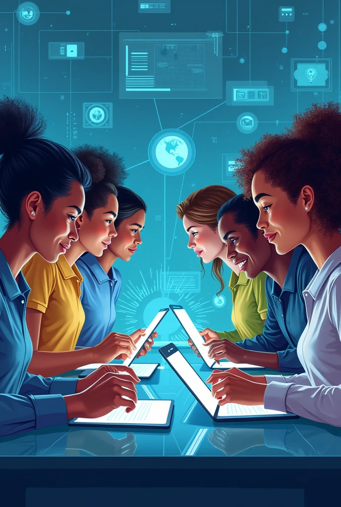 A detailed illustration of a diverse and inclusive team of people from various backgrounds, ethnicities, and specifically including people from Brazil, working together in a modern, high-tech environment. The team is connected by digital devices like tablets and laptops, symbolizing collaboration. Dynamic lines of light or energy flow between the team members, representing the exchange of ideas and innovation. The background is a futuristic setting with subtle elements like holograms, digital interfaces, and geometric patterns that suggest technology and progress. The overall style is clean, with vibrant colors such as blues, greens, and purples, creating a modern and energetic atmosphere.