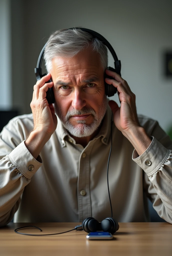 Man picking up his earphones and putting them on his ears