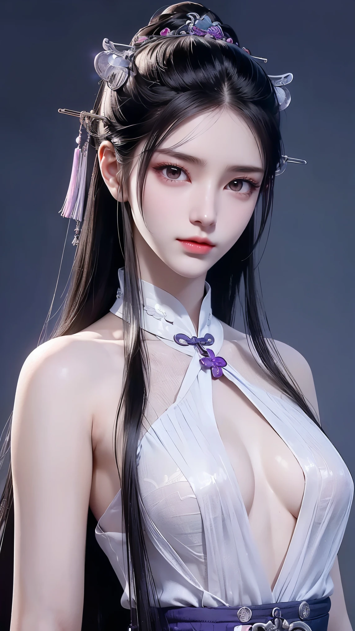 11girl,Beautiful vintage colors, Instagram (photoPractical, high resolution:1.4), ((Puffy eyes)), Looking at the audience, , whole body (8K, RAW photos, best quality, masterpiece:1.2), (Practical, photo-Practical:1.37),(Clear focus:1.2), Professional lighting, Photon Mapping, Radiosity, Physically Based Rendering, (Pale skin:1.2),(Small Breasts:1.2), Looking at the audience, (Zhongfa:1.5), portrait, Purple Eyes, (Elongated hair:1.1),Bangs, (Simple background:1.4), Solitary, Upper Body, Practical,(masterpiece:1.4),(best quality:1.4),(Glowing skin),Fashion Girl,cosmetic,Smile(Skinny,Shut up,Shy :1.3) ,(permanent,Black Stewardess,Necromancer:1.1),Medium bust,Sexy pose ,