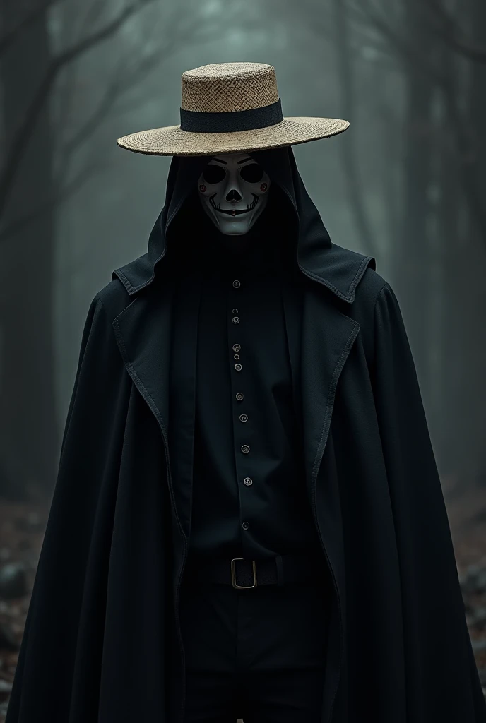 Homem com uma capa do assassino scready, Jason mask and medium straw hat