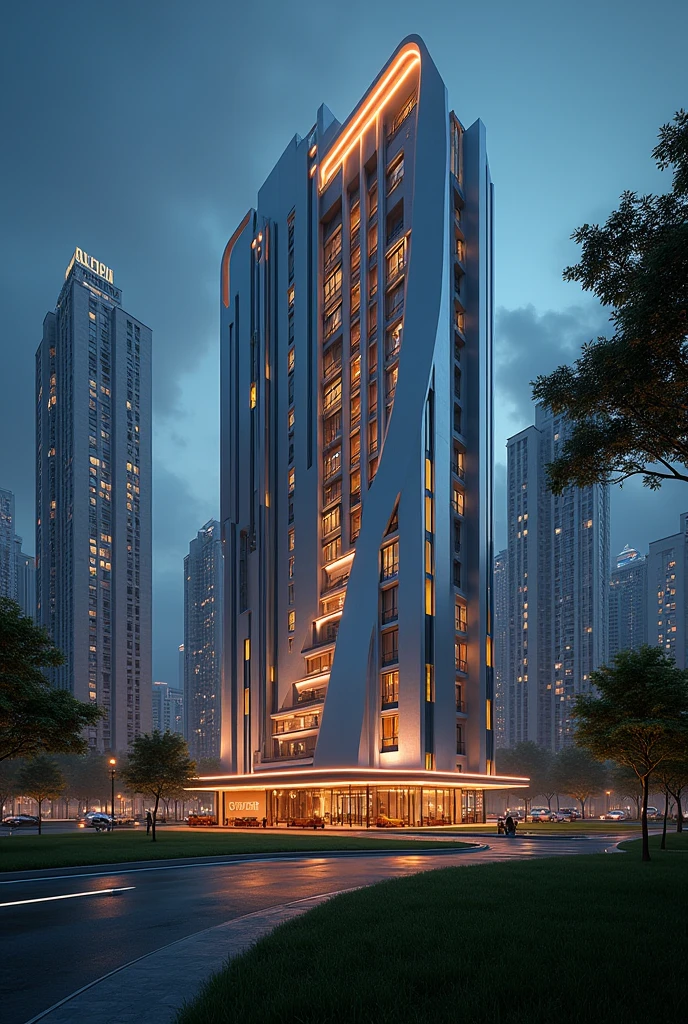 art deco design，urban buildings，streamline moderne，futuristic architecture, Abstraction，modern style，Luxury and Luxury，Future night view，Futuristic decorative elements，Metallic，number line，sci-fi lamp，Virtual Engine，Unreal rendering, neon lights, apartments, restaurants, mixed use, multiple buildings, trees, parks, greenery, grass, green field, horizon, 