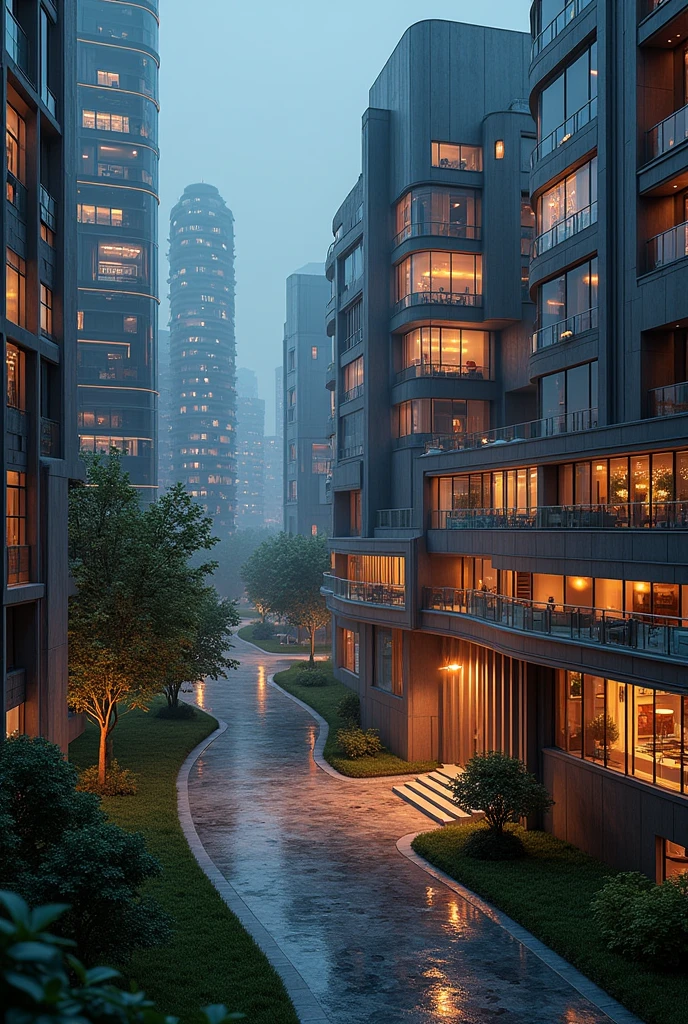 art deco design,urban buildings,streamline moderne,futuristic architecture, Abstraction,modern style,Luxury and Luxury,Future night view,Futuristic decorative elements,Metallic,number line,sci-fi lamp,Virtual Engine,Unreal rendering, neon lights, apartments, restaurants, mixed use, multiple buildings, trees, parks, greenery, grass, green field, horizon,