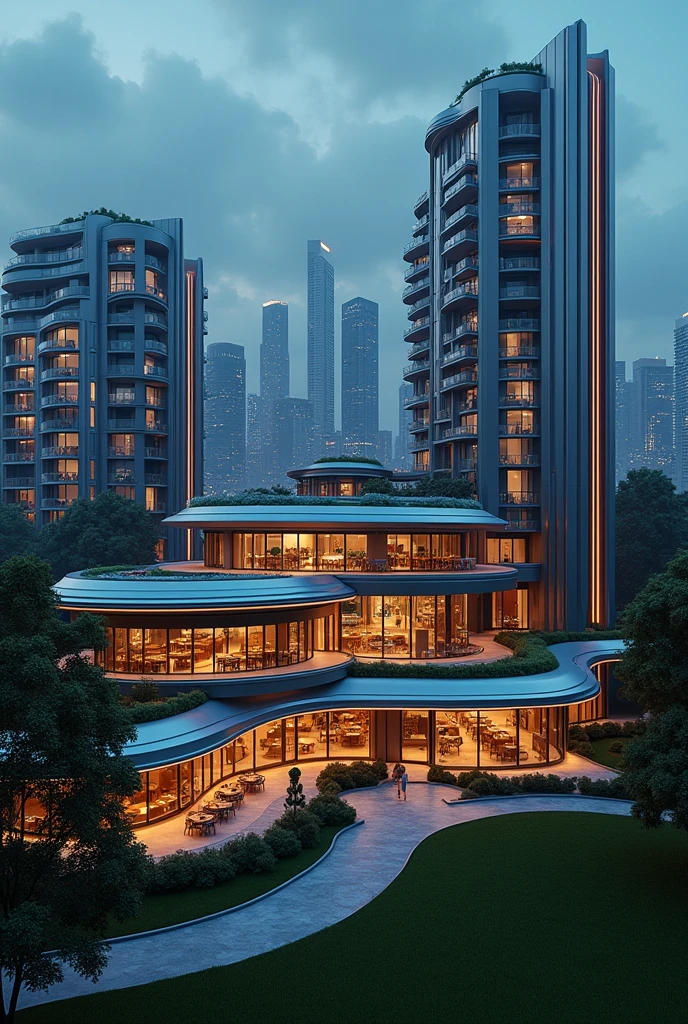 art deco design，urban buildings，streamline moderne，futuristic architecture, Abstraction，modern style，Luxury and Luxury，Future night view，Futuristic decorative elements，Metallic，number line，sci-fi lamp，Virtual Engine，Unreal rendering, neon lights, apartments, restaurants, mixed use, multiple buildings, trees, parks, greenery, grass, green field, horizon, 