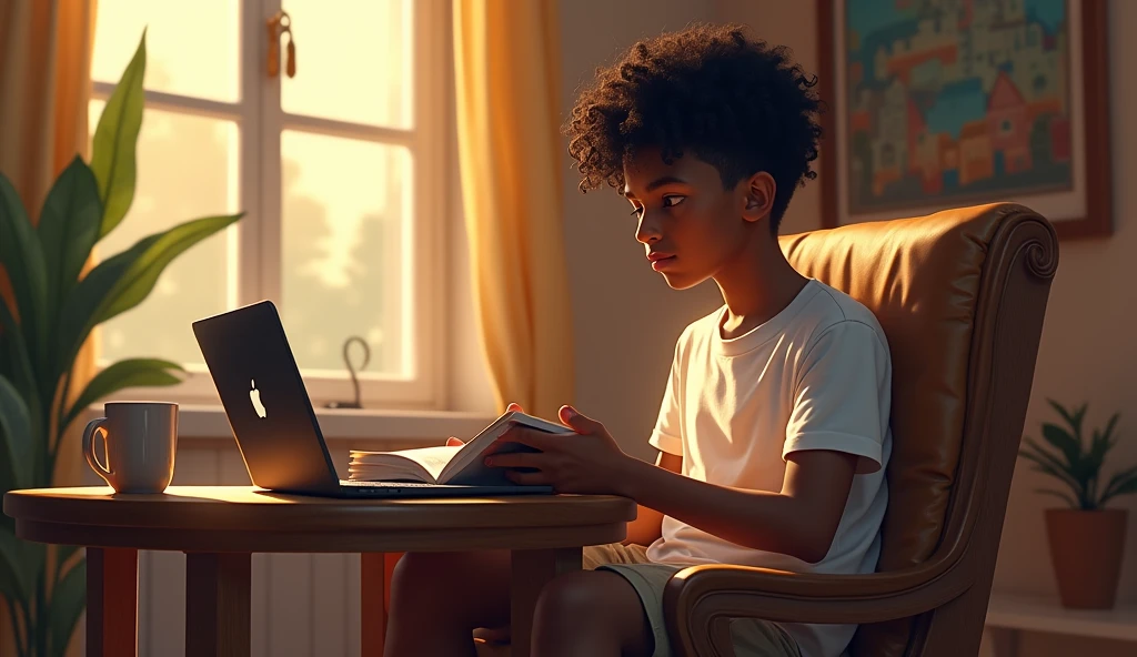 (photorealism:1.2), a young man with short, dark curly hair, dark eyes, and light complexion, handsome somali boy, sitting on chair, reading book, laptop and cup of coffee on table infront of him, wearing short clothes, indoors, soft lighting,somali art in the background, window with sunlight, cozy room, relaxed pose, realistic, intricate details, warm colors.