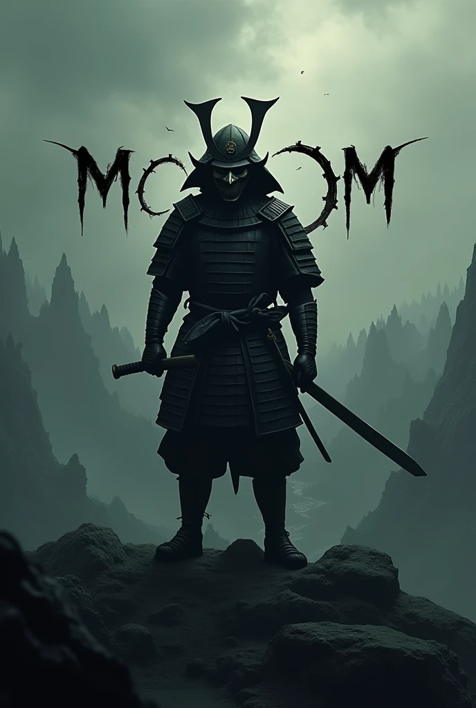 A samurai with a disturbing mask, with a dark landscape behind cutting the letters MYM in half
