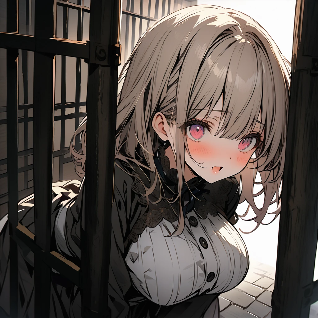 2B, nier automata, mature woman, mature face, white hair, glossy lips, mature body, medium breast, dirty alley, dirty area, (stuck in wall, body in wall), blowjob, side view