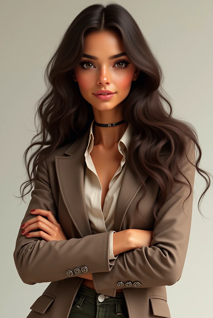 Design a , cute woman with olive skin and brunette hair. She should have a confident and engaging presence, highlighted by a stylish outfit that accentuates her figure while maintaining a tasteful balance. Her expression should convey charm and approachability, with a touch of sophistication